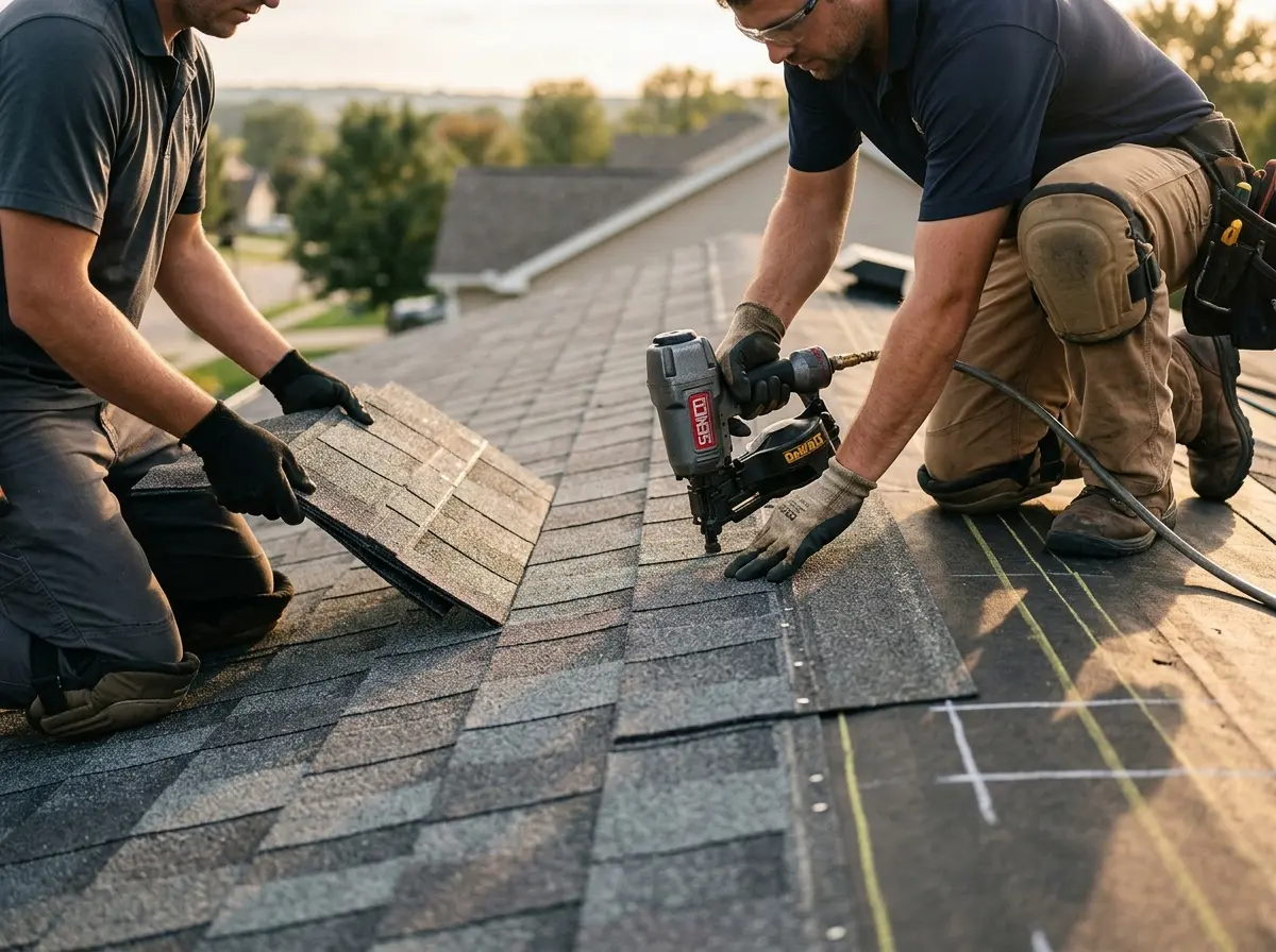 Professional roofer working on a residential roof in Streator